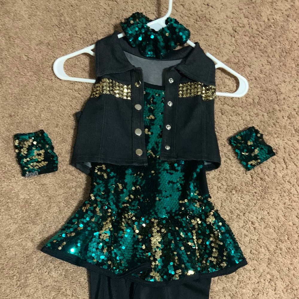 Weissman IC Girls Dance Costume - Green Sequin Top & Black Pants (one piece)